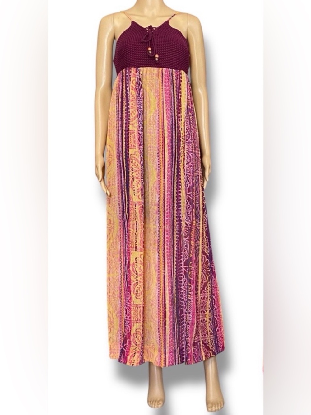 xhilaration Maroon Crocheted Knit Boho Long Mesh Maxi Sleeveless Dress